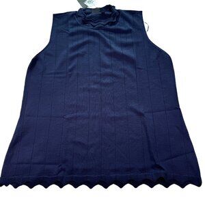 Cyrus Pointelle Scallop Trim Mock Neck Navy Tank Large NWT